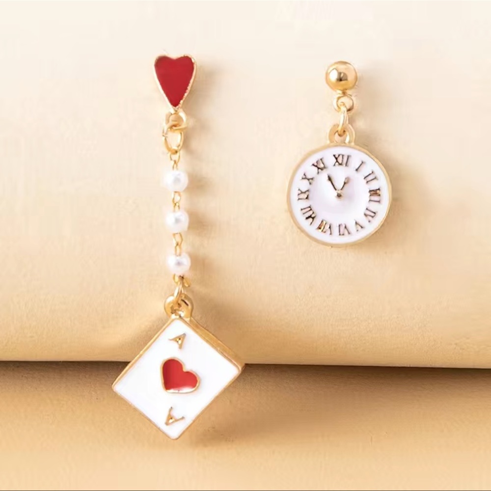 Playing Card and Clock Alice in Wonderland Earrings